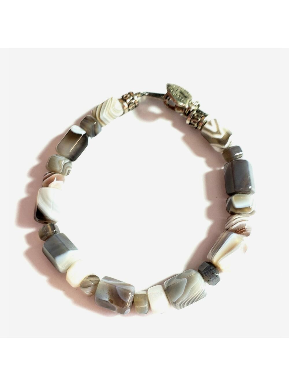 Vintage Gray Botswana Agate Beaded Bracelet, 8" Heart Charm Healing Stone sbr-36
